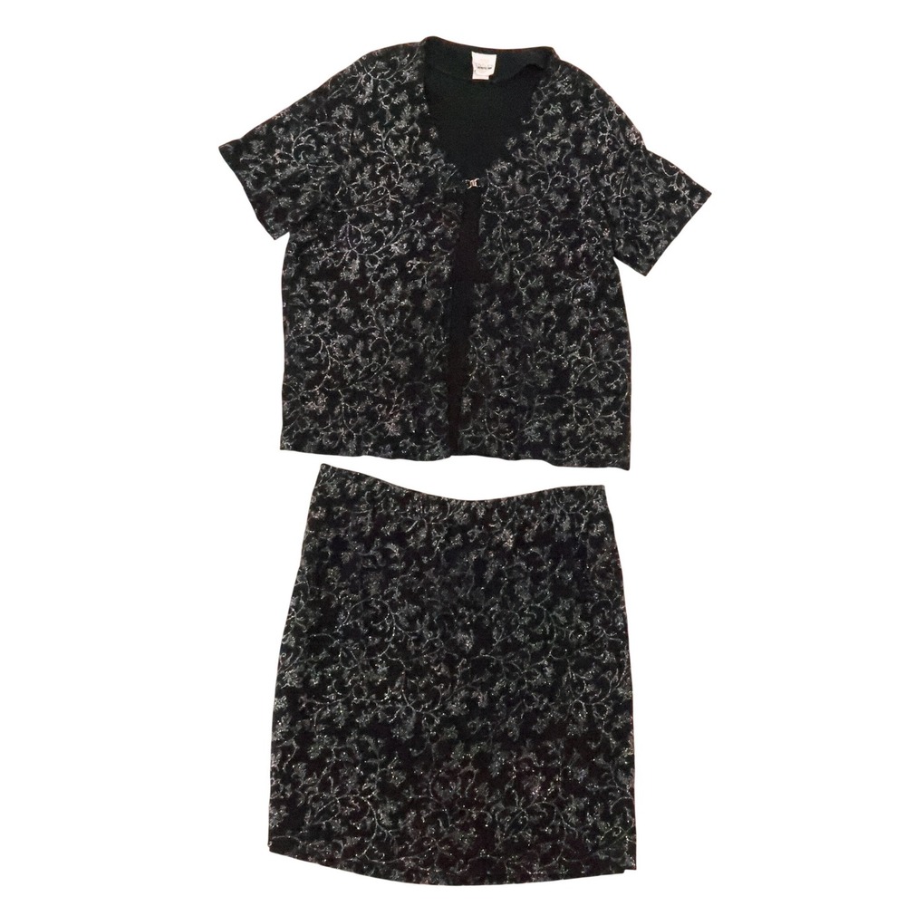 Glitter Floral Skirt Top Set Womens Size 1X Black Silver Vintage 90s Evening